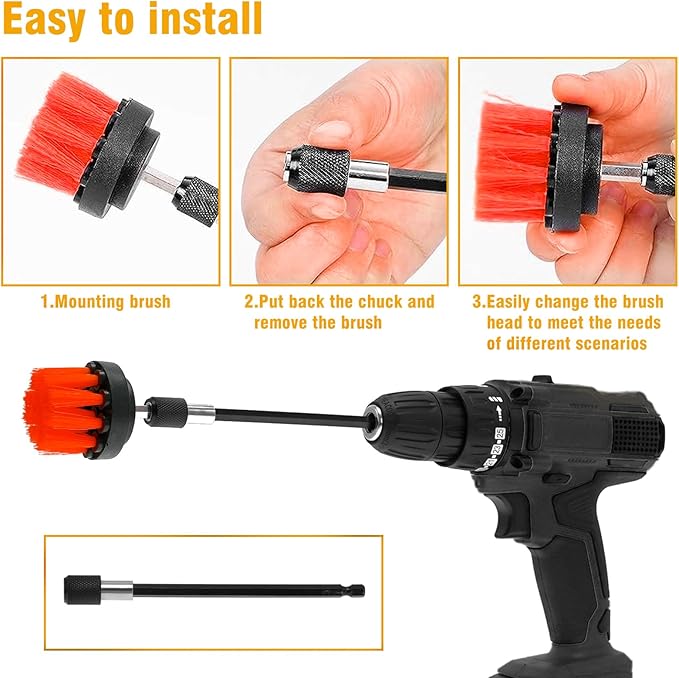 8 Pcs Drill Brush Attachment Set, Power Cleaning Scrub Brush Kit with Extend Long Attachment, All Purpose Drill Scrub Brushes for Car, Grout, Floor, Tub, Bathroom and Kitchen (red)