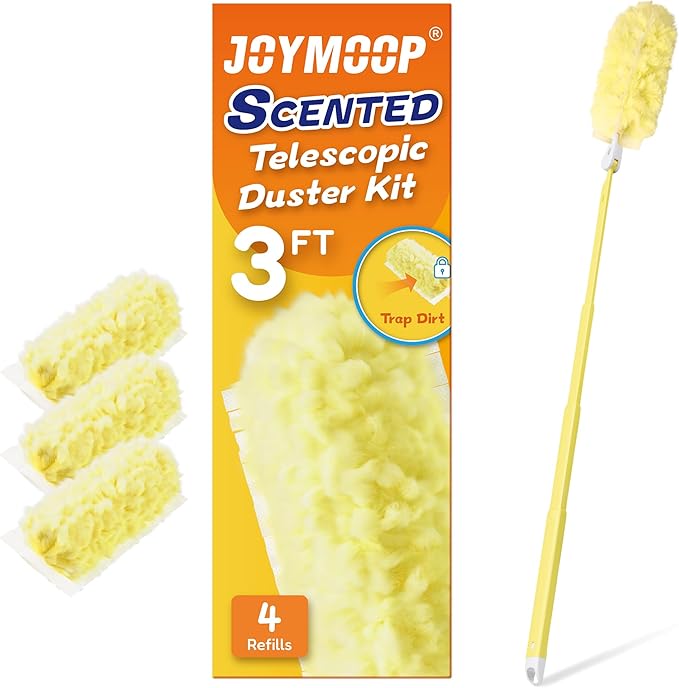 JOYMOOP Scented Telescopic Duster kit, 3FT Extendable Handle (Yellow) + 4 Yellow Refills for Swiffer Feather Duster,Easy Cleaning for Ceilings, Ceiling Fans, Blinds, Vents & Shelves