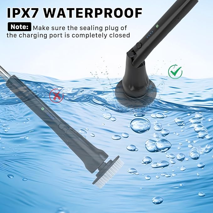 Hillyfe Black Electric Spin Scrubber, Cordless Shower Scrubber with Long Handle, Power Tub & Floor Scrubber, Shower Cleaner Brush for Bathroom, Grout and Tile, 7 Heads, IPX7 Waterproof