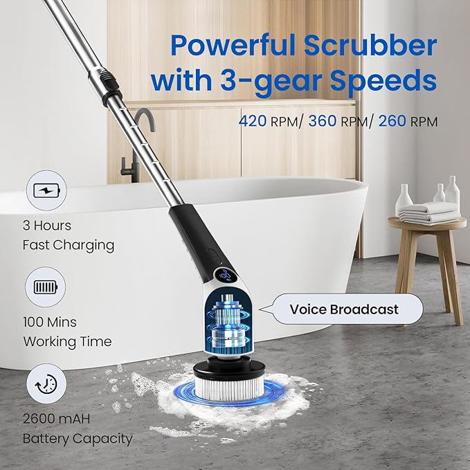Jorking Electric Spin Scrubber, Cordless Power Scrubber Up to 420RPM Powerful Cleaning, Shower Scrubber for Cleaning Bathtub, Tile and Floor with 8 Types of Replaceable Brush Heads, Voice Broadcast