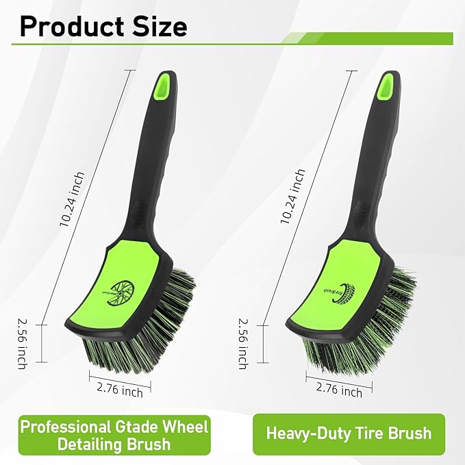 MVEQRRN 2-Pack Car Wheel Tire Detailing Brush Set:Wheel Cleaner Brush with Soft Bristles,Stiff Bristle Cleaning Brush with Rubber Handle for Deep Clean Car Tire Rims, Fenders or Carpet(Black Green)