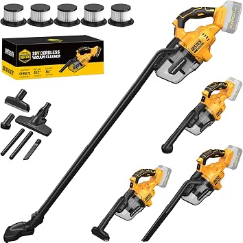 Cordless Vacuum Cleaner Compatible with Dewalt 20V Battery (No Battery), 50kPa 125AW Strong Suction | 5 HEPA Filters | 4
