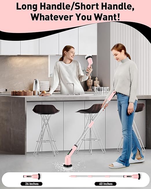 Shower Scrubber with Long Handle, Shower Cleaner Brush with 8 Floor Machine Pads, Cordless Electric Spin Scrubber for Cleaning with 2 Speed, Cleaning Supplies for Bathroom Bathtub Kitchen Floor Toilet
