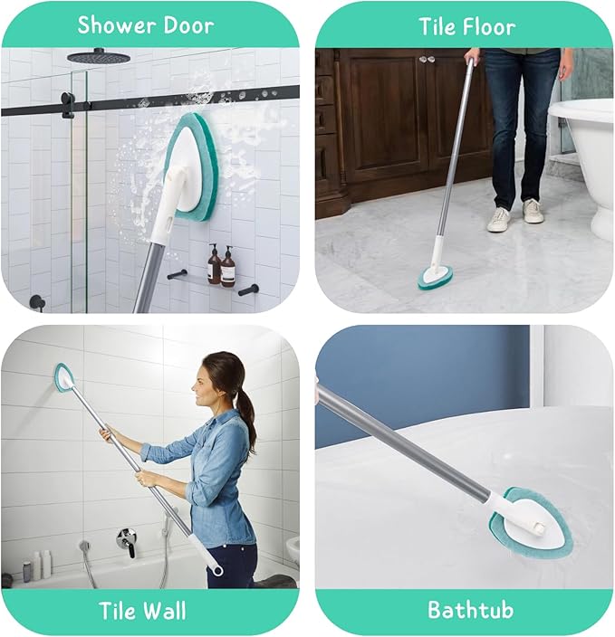 Shower Scrubber with Long Handle, 47'' Bathtub Scrub Brush, Bathroom Tub and Tile Cleaning Tool with 6 Refill Pads