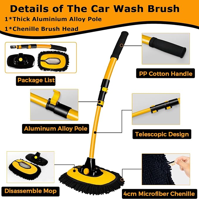 WillingHeart 15° Curved Car Wash Brush with Long Handle 43" Extension Pole RV Truck Microfiber Cleaning Mop Auto SUV Wheel Boat Exterior Interior Detailing 2 in 1 Carwash Duster Not Hurt Paint, Yellow