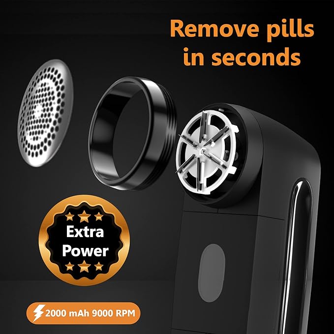 Pionix Fabric Shaver, Sweater Shavers to Remove Pilling, High-Perf Defuzzer, Rechargeable Electric Lint Shaver for Fuzz and Lint Balls from Clothing, Upholstery 2000mah Battery (Charcoal Black)