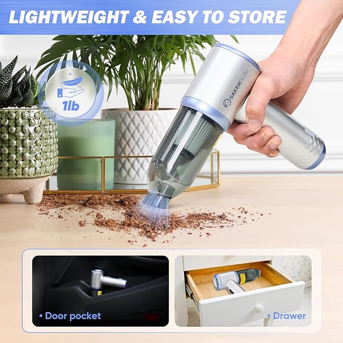 SakerPlus Mini Vacuum Cleaner, 3 in 1 Cordless Handheld Vacuum Cleaners, 18000Pa High Power Car Vacuum Cleaner with Brushless Motor,Adjustable Car Vaccum Portable Cordless for Cars,Desktop-Blue