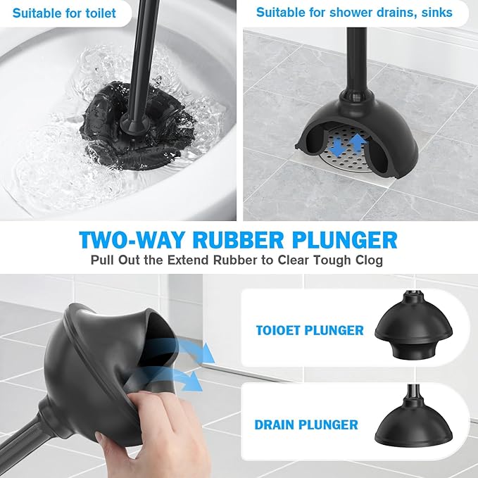 Toilet Plunger and Brush Set, Bowl Brush and Heavy Duty Toilet Plunger with Ventilated Holder, 2-in-1 Toilet Brush and Plunger Combo for Bathroom Deeply Cleaning（Black