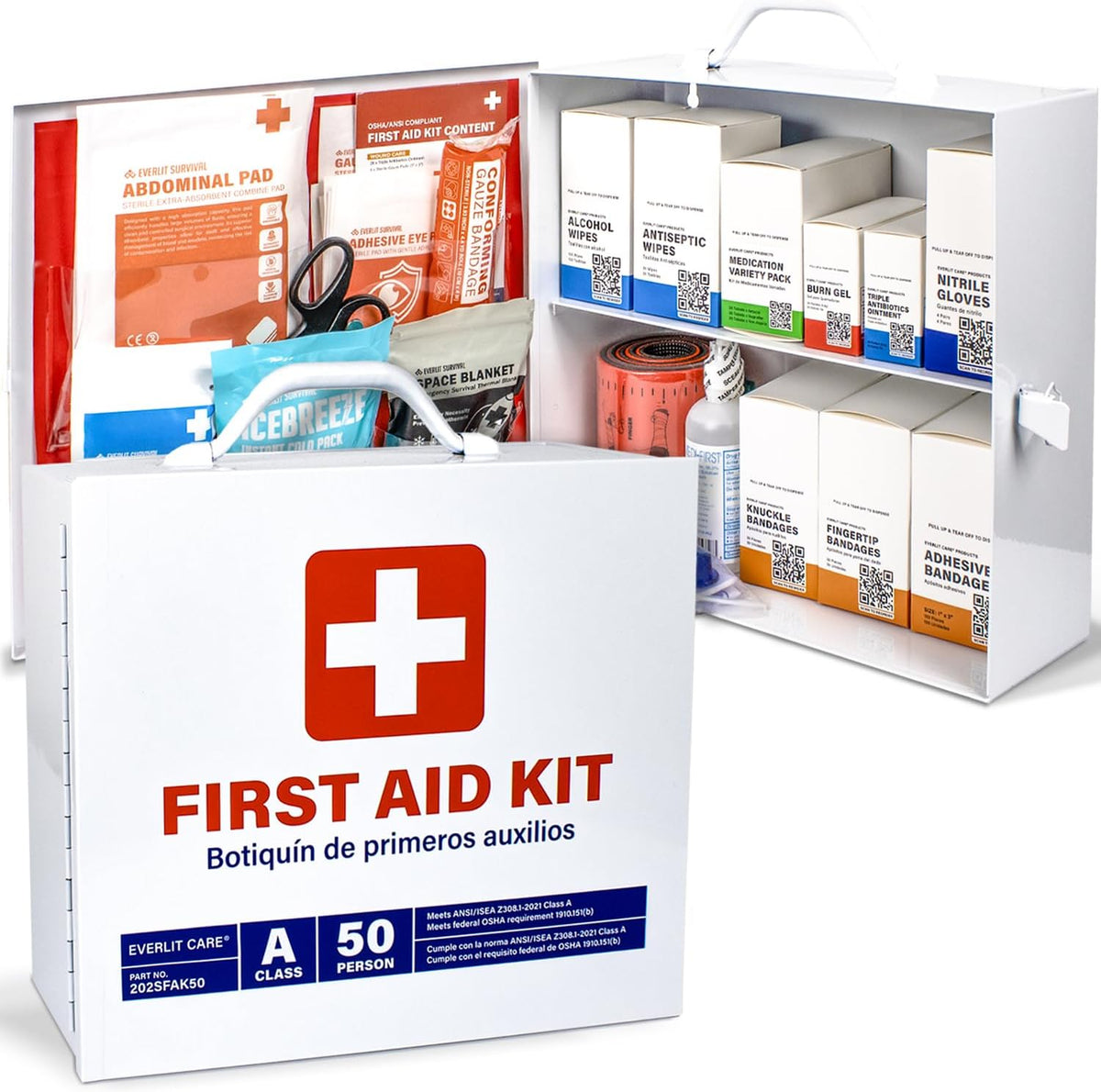 2-Shelf OSHA-Compliant First Aid Kit, ANSI Class A 50 Person Emergency First Aid Cabinet for Business, Job Site, Industrial Manufacturing Facility, Restaurant, and Kitchen