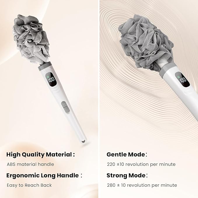 Electric Body Brush Back Scrubber for Shower, Electric Body Brush with Long Handle, Waterproof Rechargeable Bath Brush Body Scrubber with 3 Brush Heads for Cleansing and Exfoliating Skin (Milky White
