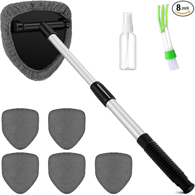 Potchen 8 Pcs Car Windshield Cleaner Tool Kit with Extendable Handle, Microfiber Towel Pads, Brush, Empty Spray Bottle for Auto Glass Wiper Suvs Rvs & Home Windows(Grey)
