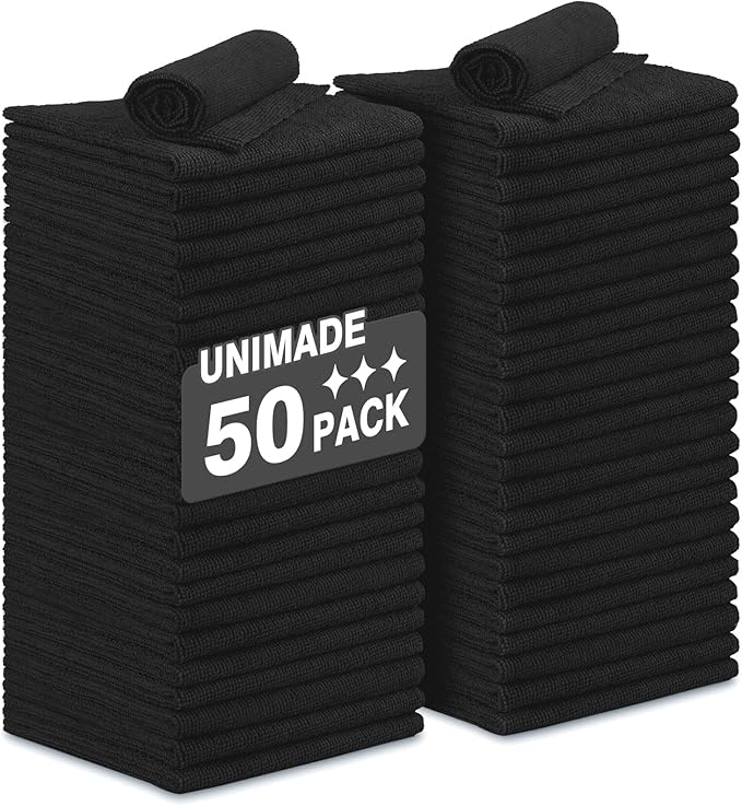 UNIMADE Microfiber Cleaning Cloth, 50 Pack Microfiber Towels for Cars Reusable Shop Rags Bulk Lint Free Cleaning Towels for Car Kitchen Automotive Bar Mechanic Restaurant Garage, 11.5"x 11.5", Black
