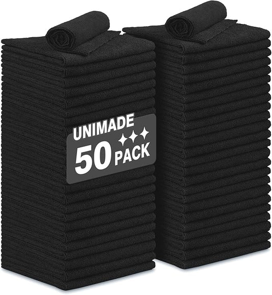 UNIMADE Microfiber Cleaning Cloth, 50 Pack Microfiber Towels for Cars Reusable Shop Rags Bulk Lint Free Cleaning Towels for Car Kitchen Automotive Bar Mechanic Restaurant Garage, 11.5"x 11.5", Black