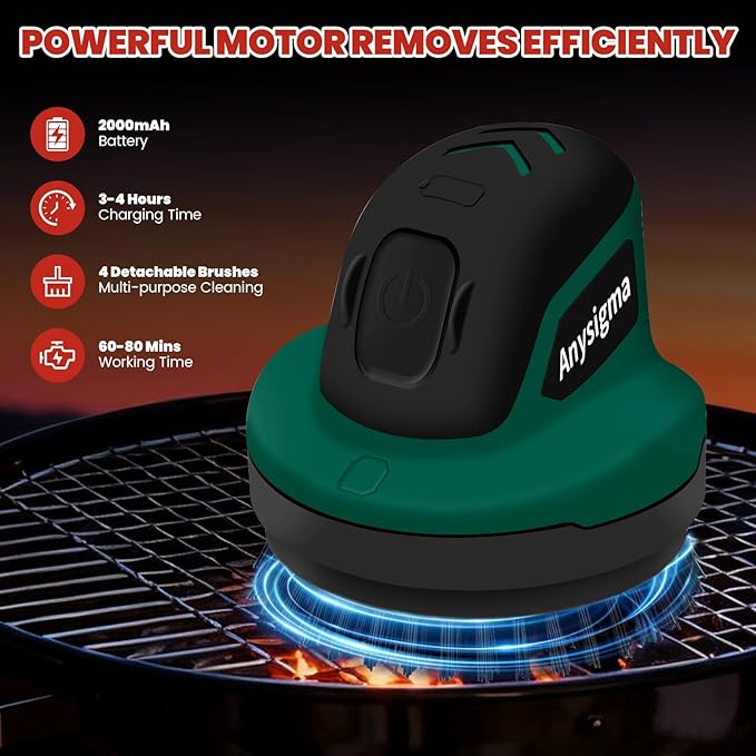Electric Grill Brush for Outdoor Grill- 4 Replaceable Heads, 3000mAh IPX7 Waterproof BBQ Cleaning Scrubber for Kitchen & Car & Bathroom - Ideal Mother’s for Grill Lovers, Dad, Mom