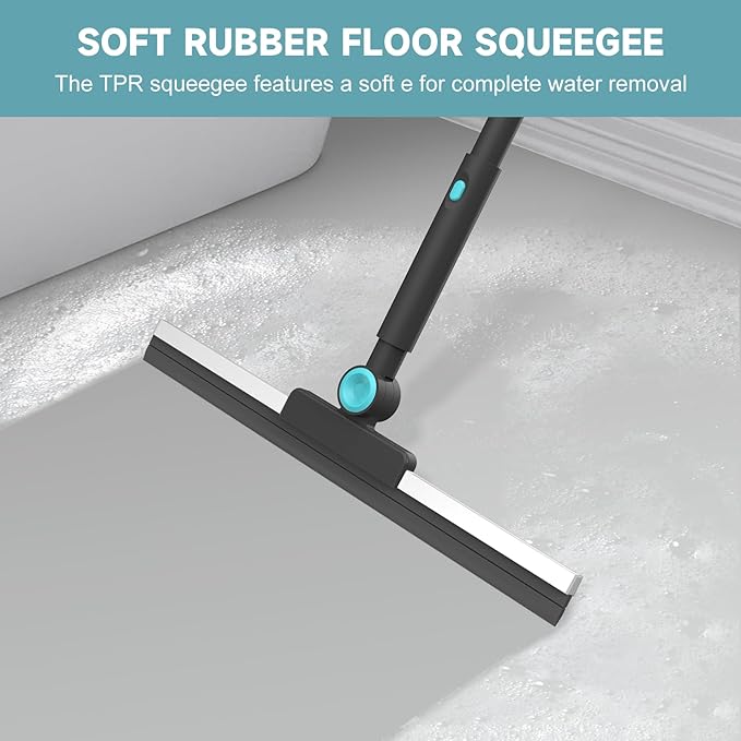 nacena Shower Scrubber with Long Handle, 4 in 1 Tile Tub Scrubber Brush with 3 Detachable Cleaning Shower Heads and Floor Squeegee Shower Cleaner Brush for Bathroom Kitchen Tub Sink Floor, Black