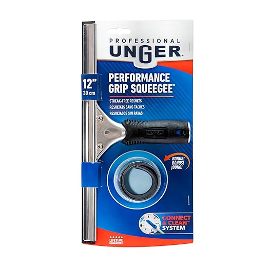 Unger Professional Connect and Clean 12” Performance Squeegee for Glass and Window Care with Replacement Rubber, Heavy Duty Cleaning Supplies with Streak-Free Results, Handheld Household Cleaner Tool