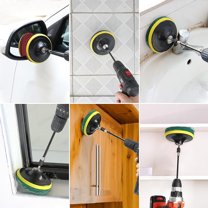 Power Scrub Pads Drill Attachment, GOH DODD 15 Pieces 5 Inch Headlight Restoration Kit Cleaning Kit Scouring Pads with Baker and Universal Shaft for Kitchen, Bathroom, Grout, Carpet, Tub, Grill, Tile