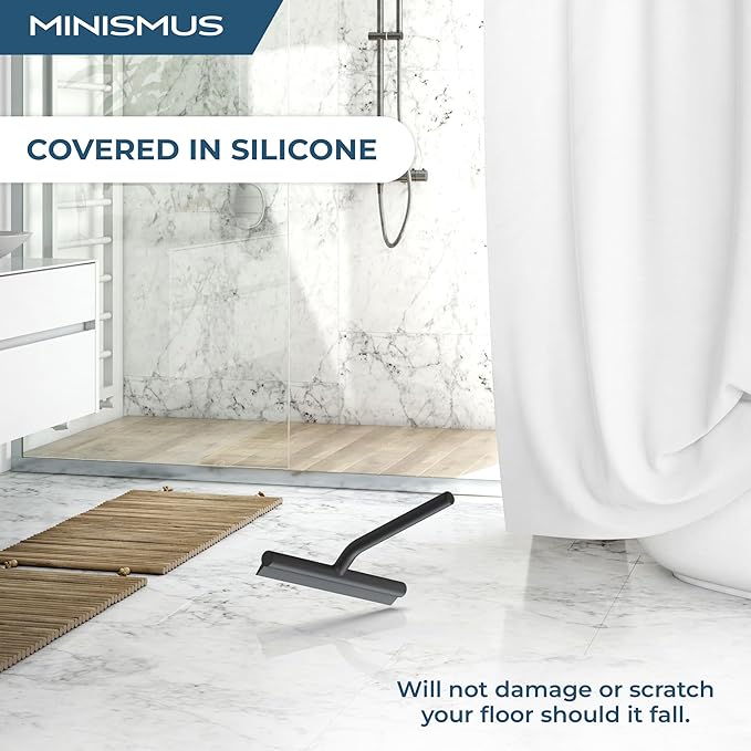Minismus Shower Squeegee with Magnetic Hook - Silicone Window Wiper with Adhesive Wall Mounted Hanger - Shower Squeegee for Glass Doors - Rubber Squeegee - Shower Glass Cleaner (8.25 inches, Black)