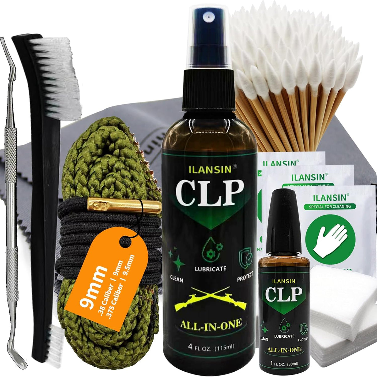 Bore Cleaner CLP Oil Needle+Spray,Gun Cleaning Kit for 12Ga / 5.56 / 9mm Gun Cleaning Snake,Gun Cleaning Supplies with Gun Cleaning Patches,6'' Gun Cleaning Swabs,Gun Brushes,Picks,Jag,Tip