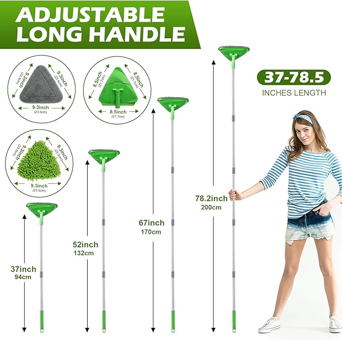 Wall Cleaner Triangle Mop with 82'' Long Handle - Wall Scrubber, Cleaning Washer Tool with 4 Microfiber Chenille Duster Pads for Clean Walls, Ceiling, Windows, Baseboards, Floors (Green, 4 Pads)