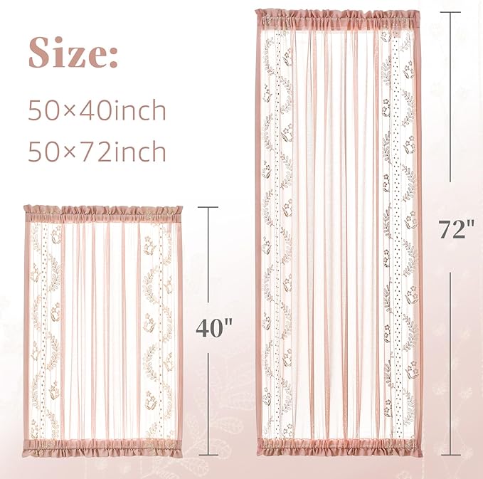 jinchan Semi Sheer French Door Curtain with Tie Up Bows Floral Embroidered Voile Privacy Curtain for Patio Door Closet Sliding Glass Door Rod Pocket 40 Inch 1 Panel Pink