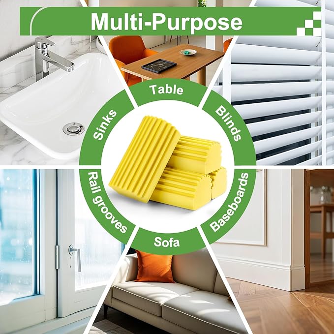 Jeymei 4-Pack Damp Clean Duster Sponge Brush for Cleaning Blinds, Glass, Baseboards, Vents, Railings, Mirrors, Window Track Grooves and Faucets (Yellow)