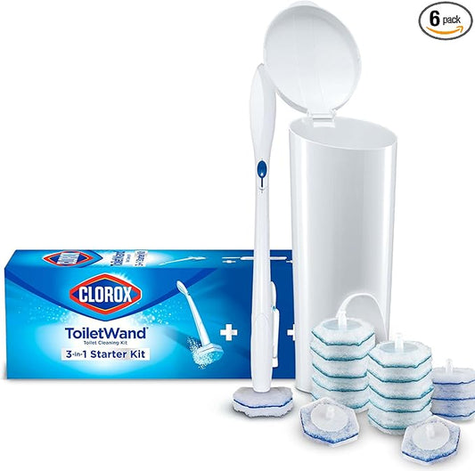 CLOROX ToiletWand Disposable Toilet Cleaning System, Spring Cleaning Essential, ToiletWand, Storage Caddy, and 16 Disinfecting-ToiletWand Scrubbing Pad Refills (Pack of 6)