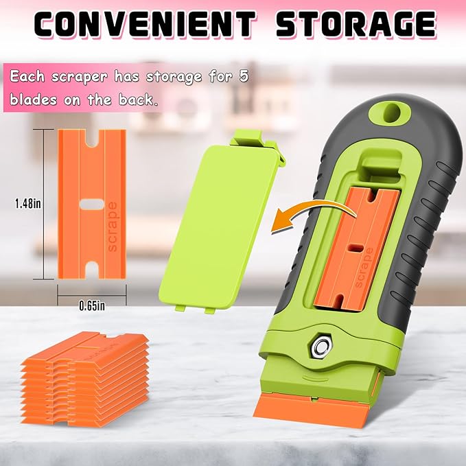 DIYSELF 2 Pcs Plastic Razor Blade Scraper with 10 Pcs Blades, Plastic Scraper Tool for Adhesive Remover, Scrapers for Cleaning Stickers, Decals, Glass, Windows, Car, No Scratches (Green)