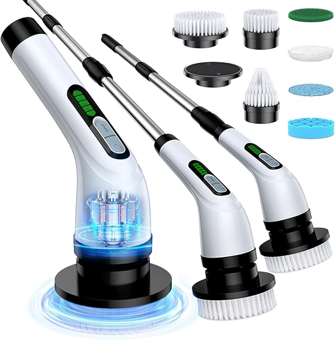 Highyes Electric Spin Scrubber, Powerful 2-Speed Cleaning Brush, IPX7 Waterproof with 7 Reusable Brush Heads & Extendable Handle, for Bathroom Toilet Shower Kitchen Wall Tile Floor Grout (White)