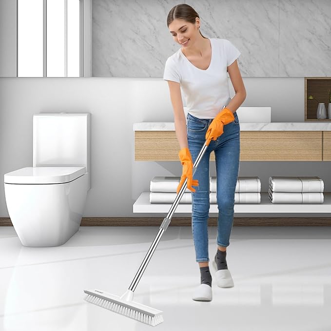 SetSail Upgraded Large 12 in Wide Floor Scrub Brush with 51-Inch Long Adjustable Handle 2 in 1 Scrape Brush Stiff Bristle Floor Scrubber for Cleaning Shower Bathroom Garage Kitchen Wall Deck Tub Tile
