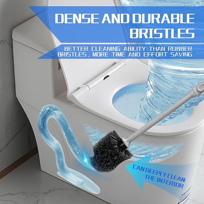 Toilet Brush and Holder 3 Pack with Long Handle - Non-Slip Grip Toilet Bowl Brush Set for Deep Cleaning Bathroom, Toilet Scrubber- Gray