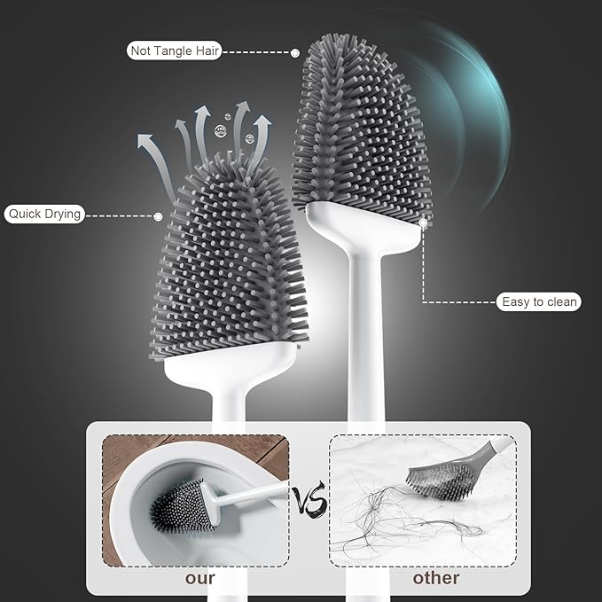 Sellemer Toilet Brush and Holder Set - Flexible Toilet Bowl Brush Head with Silicone Bristles, Compact Size for Storage and Organization, Ventilation Slots Base (1 Pack, Pearl White)