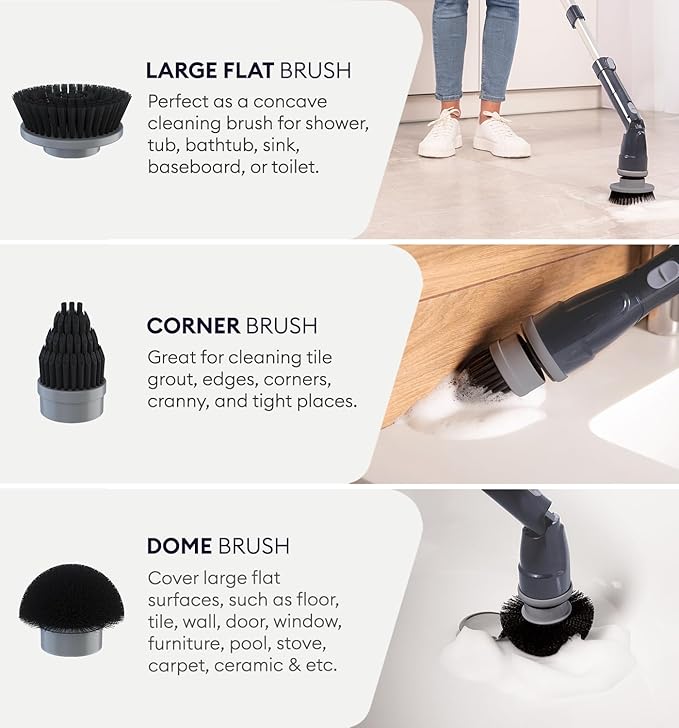 GENIANI Electric Spin Scrubber - 360 Cordless Powerful Scrub Brush for Cleaning Bathroom, Tile, Floor, Tub & Shower with Adjustable Extension Handle & 3 Replaceable Rotating Brush Heads (Gloss Black)