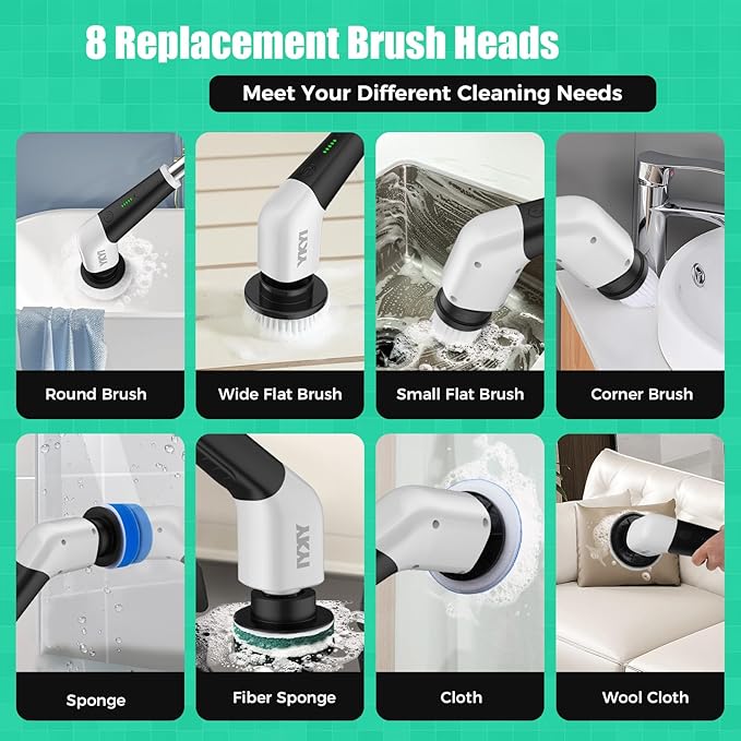 YKYI Electric Spin Scrubber, Cordless Power Scrubber Cleaning Tool with 8 Replaceable Heads and Extension Handle for Bathroom, Tub, Tile, Floor, Grout and Car (White)