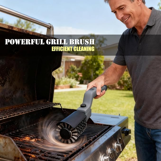 Cordless Electric Grill Brush with Adjustable Angle, 3-Speed Power Motor & Stainless Steel Head - Rechargeable, 90-Min Runtime, Waterproof Grill Cleaner for BBQ Grates & Griddles (Gray)