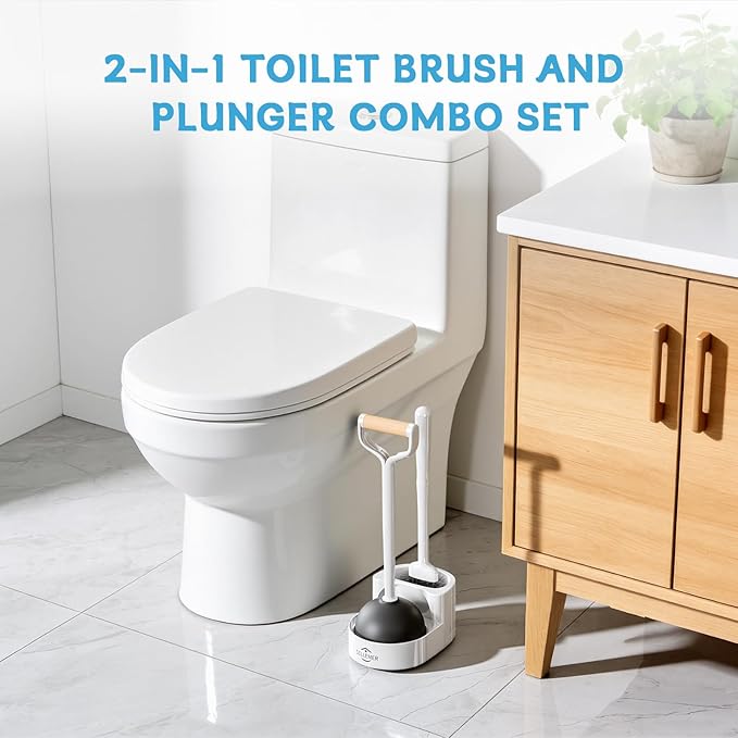 Sellemer 2 in 1 Toilet Brush and Plunger Set, Curved Design Head for Deep Clean, Heavy Duty Toilet Bowl Brush and Plunger Combo with Holder for Bathroom,White, 1 Pack