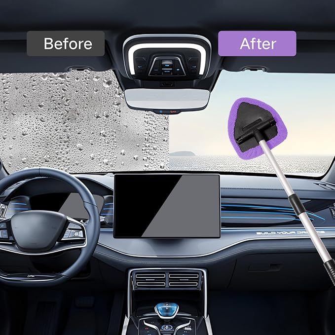 Qydipclin 10pcs Windshield Cleaner Tool, Car Window Cleaning Wash Kit with 4 Reusable Microfiber Pads 1 Spray Bottle and Extendable Handle Auto Glass Wiper Kit, Purple