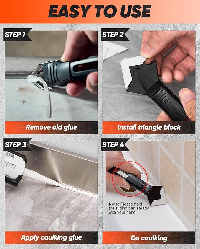 Saker Silicone Caulking Tool 3-in-1 Grout Removal Tool and Sealant Finishing Scraper with Stainless Steelhead, Caulk Remover and Seam Repair Kit for Bathroom, Kitchen, Floor, Window and Sink Joints