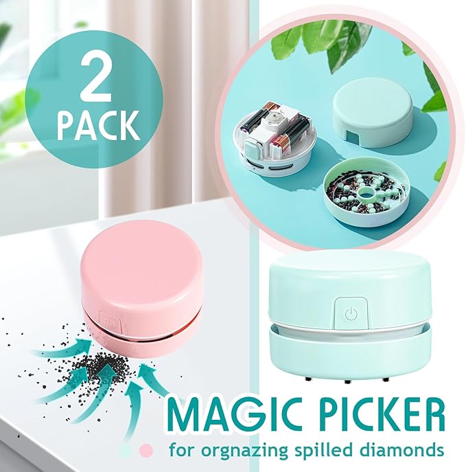 Honoson 2 Pcs Diamond Painting Tool Drill Quicker Picker for Spilled Diamonds 5d Painting Accessories Vacuum Cleaner Mini Table Desktop Sweeper Organizer Clean Art Beads Crumb(Pink, Green)