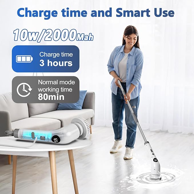 qimedo Electric Spin Scrubber with Extended Long Handle, Rechargeable Handheld Electric Scrubber for Cleaning, Cordless Power Dish Scrubber with 7 Brushes for Bathtub Grout Tile Floor