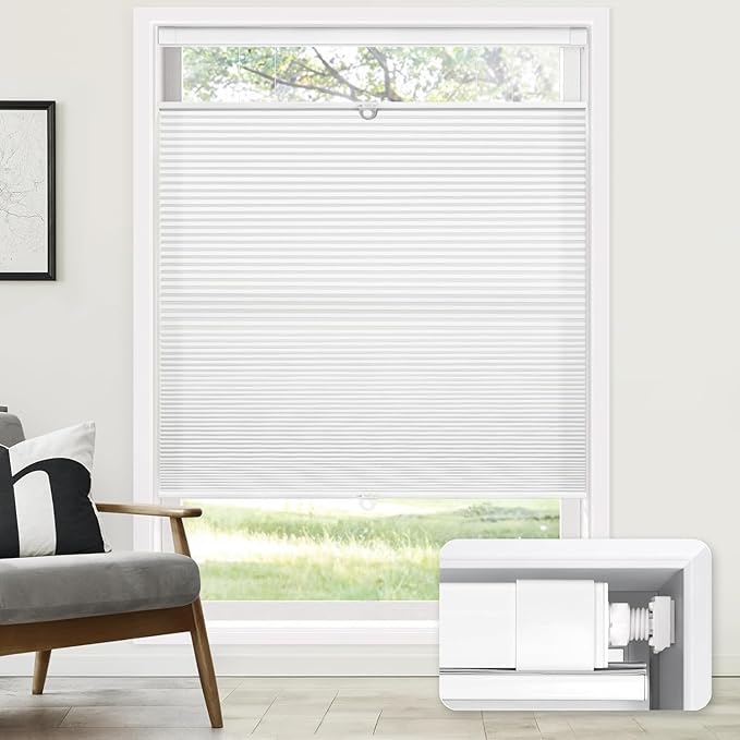 LazBlinds No Tools No Drill Cordless Cellular Shades, Top Down Bottom Up (TDBU) Honeycomb Shades for Home, Light Filtering Thermal Insulation Blinds for Windows, 57.5" W x 64" H, White