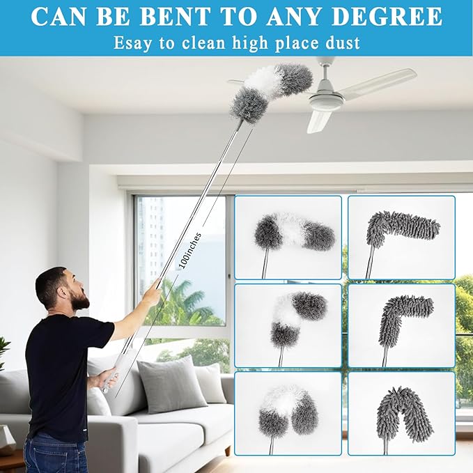 Microfiber Duster Kit 25pcs with 30 to 100 Inches Extension Pole and Baseboard Cleaner Tool, Washable and Bendable Feather Duster for Cleaning Ceiling Fans, High Ceilings, Cobwebs, Blinds,Grey