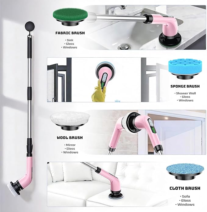Highyes Electric Spin Scrubber for Cleaning Bathroom: Cordless Power Shower Scrubber - Electric Cleaning Brush for Tile Tub - Pink