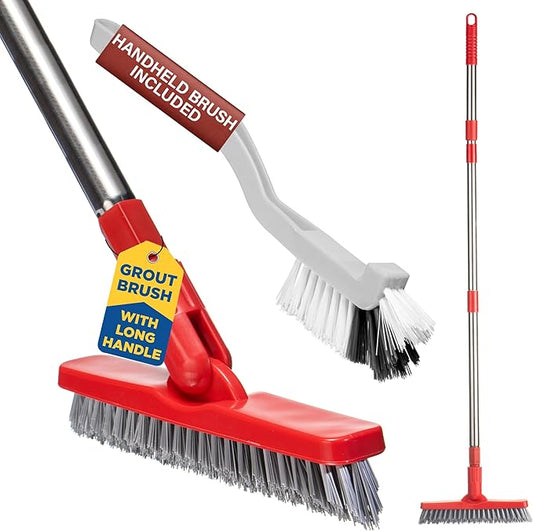 Foxtrot Living 2 in 1 Grout Brush with Long Adjustable Telescopic Handle and Handheld Stiff Bristle Scrubber, Swivel Grout Cleaner for Tile Floors, Grout Cleaning Brush for Floor Cleaning