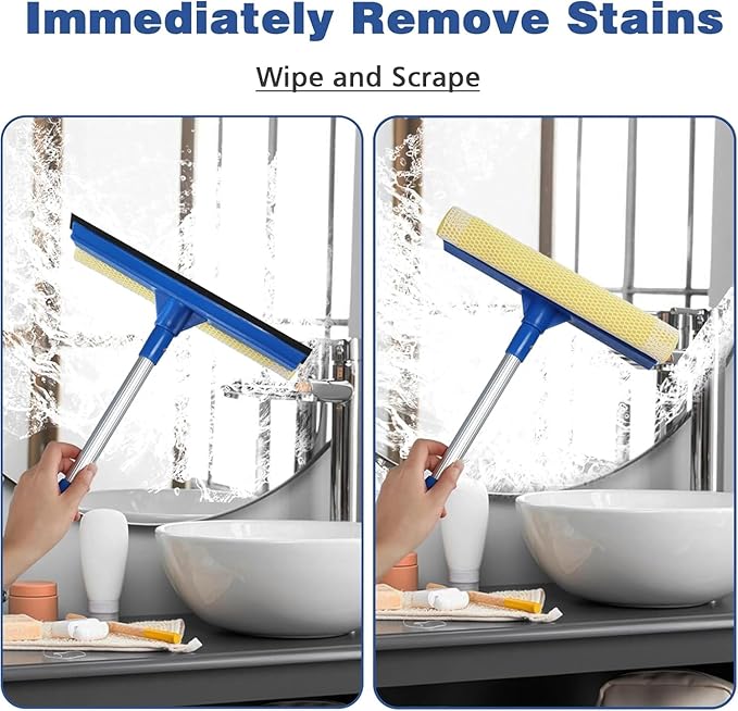 Professional 2-in-1 Window Squeegee with Telescopic Stainless Steel Handle (13.3"-18.9") | Sponge & Scraper for Glass, Shower, Car & High Surfaces