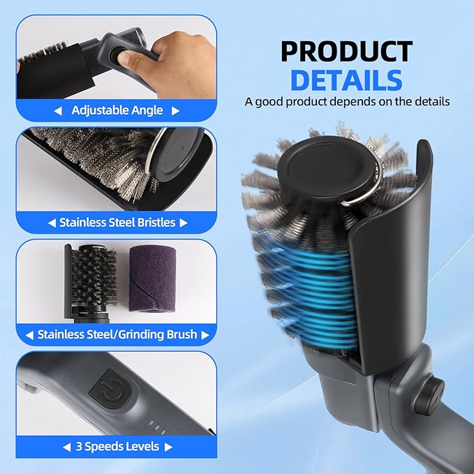 Cordless Electric Grill Brush with Adjustable Angle, 3-Speed Power Motor & Stainless Steel Head - Rechargeable, 90-Min Runtime, Waterproof Grill Cleaner for BBQ Grates & Griddles (Gray)