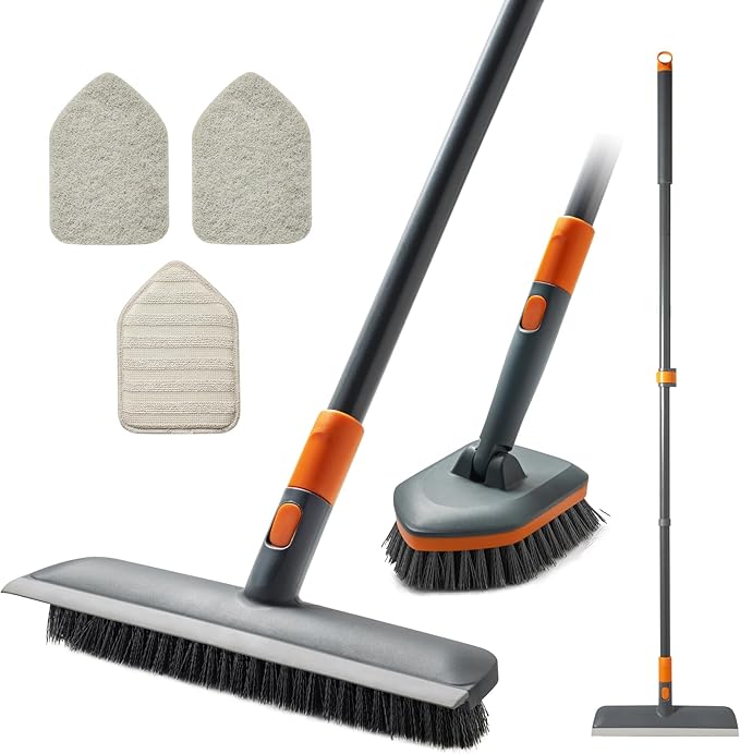 CLEANHOME Floor Scrub Brush Tile Tub Scrubber Brush with 4 Different Cleaning Heads, Shower Brush with 56” Extendable Long Handle, Scrubbers for Cleaning Kitchen, Bathroom, Tub, Tile, Wall
