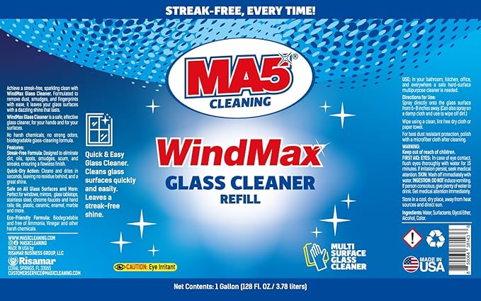 MA5x WindMax Glass Cleaner Spray – Window, Mirror, Shower & Glass Stovetop Cleaner – Streak-Free, Eco-Friendly, Pack of 1, Gallon