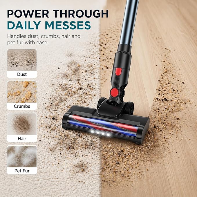 Cordless Vacuum Cleaner, Stick Vacuum for Pet Hair & Hardwood Floor, Self-Standing Rechargeable Vacuum with Smart LED Display, Lightweight Battery Powered Vacuum for Home, Dorm, & Dog Hair-Aqua