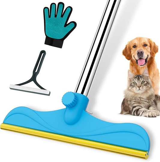 3 in 1 Carpet Rake for Pet Hair Removal, 60” Adjustable Long Handle Pet Hair Remover, Tool Set of 3, Reusable Carpet Scraper Dog Cat Pet Hair Removal Broom for Carpets, Car Mat, Pet Bed, Rugs